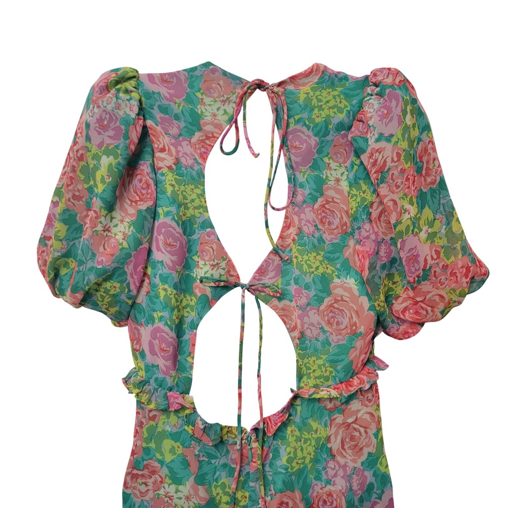ASTR The Label M Maxi Dress Green Pink Floral Puff Sleeve ESPERANZA V Neck Fairy - Picture 8 of 10